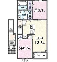 JR豊肥本線 肥後大津駅 バス10分 日吉ヶ丘団地前下車 徒歩2分の賃貸アパート 2階2LDKの間取り