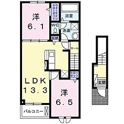 熊本市電A系統 健軍町駅 バス35分 スポーツセンター入口下車 徒歩8分の賃貸アパート 2階2LDKの間取り