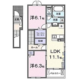 熊本電気鉄道 三ツ石駅 徒歩17分の賃貸アパート 2階2LDKの間取り