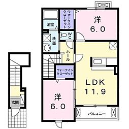熊本市電A系統 健軍町駅 バス18分 上安永下車 徒歩5分の賃貸アパート 2階2LDKの間取り