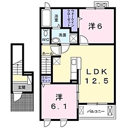 熊本市電A系統 健軍町駅 バス18分 上野添下車 徒歩5分の賃貸アパート 2階2LDKの間取り
