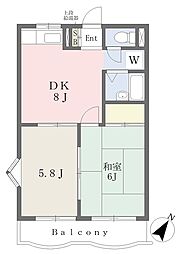 コリーヌマンション亘 2DKの間取図画像