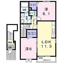 クレメントカーサB棟 2LDKの間取図画像