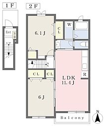 サニーデイ・コートＡ 202 2階2LDKの間取り
