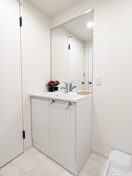 一日のはじまりと終わりを彩るパウダールーム。シャワー付きの洗面化粧台は朝の準備に便利です。タオルを置ける棚もあるので、スッキリ使っていただけます。