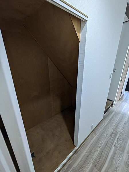 階段下のスペースを有効活用した便利な収納。奥行きがしっかりあるため、掃除機などの日用品から季節物の大きな荷物まですっきり収まります。