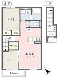 JR東海道・山陽本線 加古川駅 徒歩15分の賃貸アパート 2階2LDKの間取り