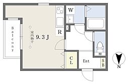 ルシエル東海通ノース 2階ワンルームの間取り