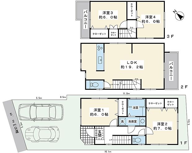 全居室が6帖以上ある4LDK。土地約27.3坪、建物約30.7坪。駐車場は2台分（要サイズ確認）。
