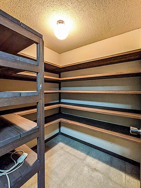 壁面に多数の棚が備えられた地下サービスルーム。季節ものの荷物や備蓄品もすっきりと収まります。