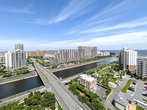 境川の流れと新浦安エリアの街並みを見下ろす15階からの景色。陽当りにも配慮された南東向きのバルコニー。