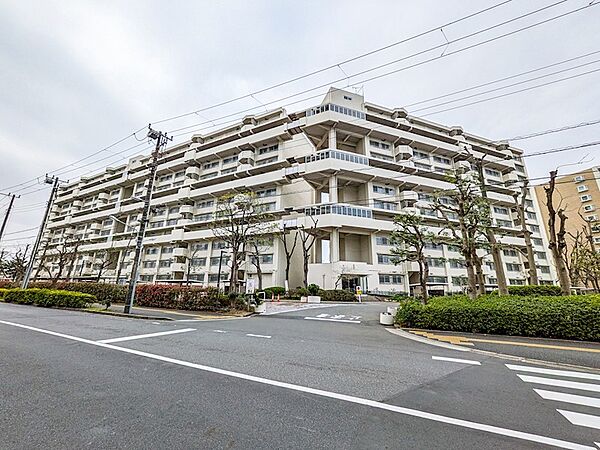 敷地内の緑と街路樹に包まれたエントランスアプローチ。管理会社は日本ハウズイング株式会社となります。