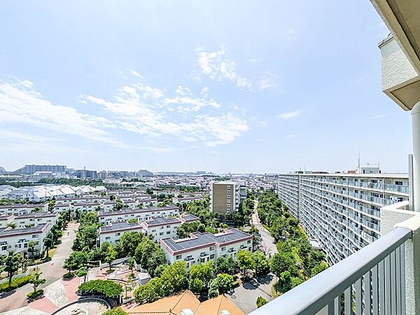 11階建て最上階の南向きバルコニーからは、テーマパークの山を遠くに望む開放的な景色が広がります。