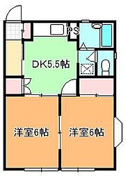 リバーハイム清水 2DKの間取図画像