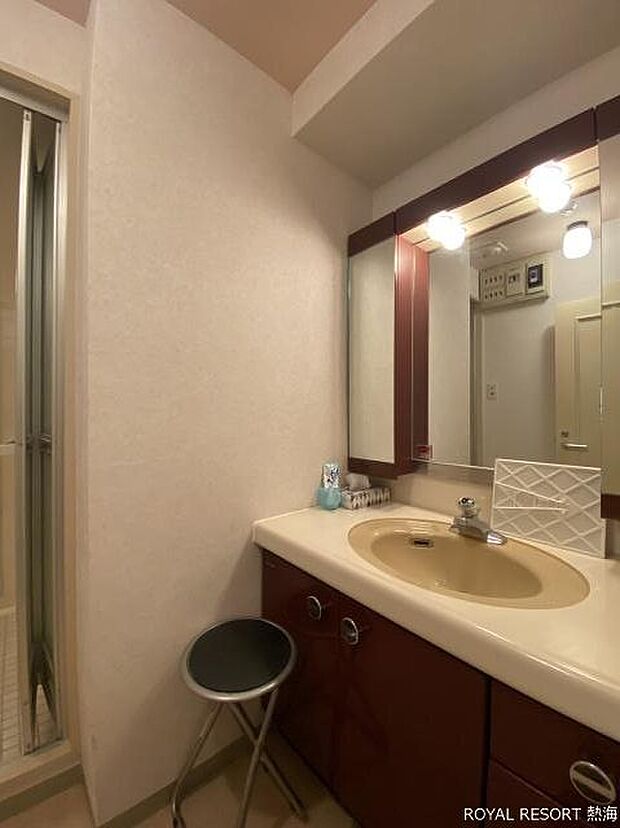 洗面室：ワイドな鏡とシンク、余裕のある造りです。