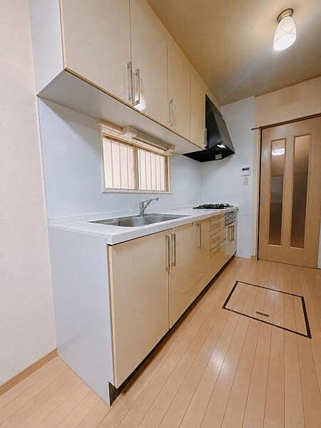 吊戸棚を備え、収納力を確保したシステムキッチンです。※画像上で残置物を消去しています。