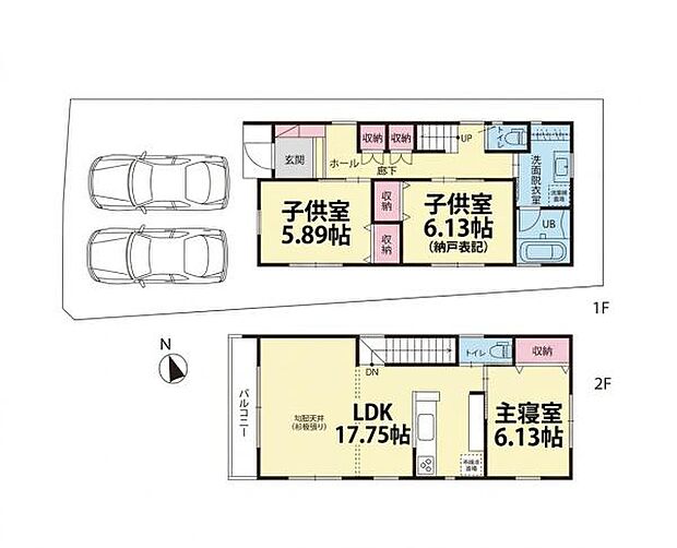 開放感のあるLDKが特徴の間取りです。各居室に収納スペースがしっかり確保されています。2階にはバルコニーがあり採光も考えられた設計です。駐車スペースが2台分あり便利です。
