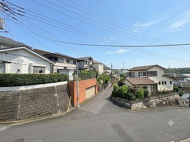 晴れた日の眺望が広がる心地よい現地からの景色です。周囲にゆとりのある住宅街で開放感があります。道路幅もあり圧迫感を感じさせません。静かな環境が広がっています。