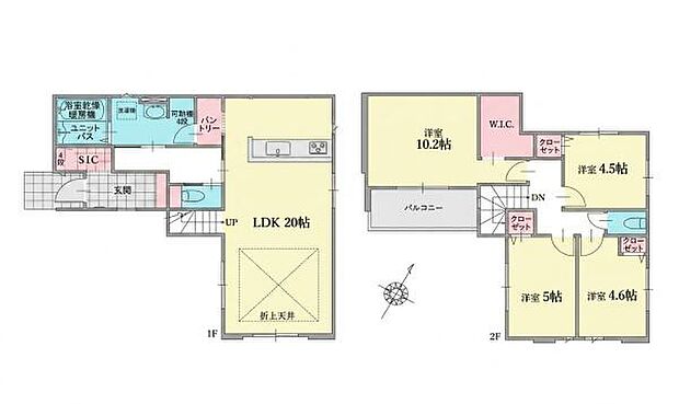 1階には広々としたLDKがあり家族やゲストを迎えるのに便利です。2階には4つの個室が配置され用途に応じて使い分けができます。ウォークインクローゼットやバルコニー付きで収納や洗濯にも配慮されています。
