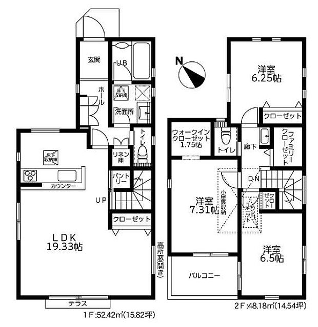 家族団らんのLDKはゆとりの19.3帖。全室2面採光。WIC、小屋裏収納、ファミリークローゼット付の収納充実の間取り。ノンワックスフローリングを採用しており、お掃除もラクラクです。