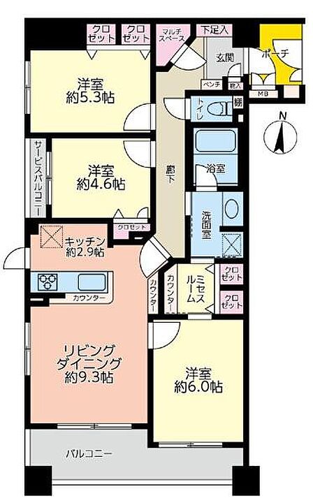 室内リフォーム済(令和7年9月)。たっぷりの陽光と爽やかな風を感じていただける3階角部屋。段差のないフラットな設計のためどんな世代の方でも暮らしやすくなっています。