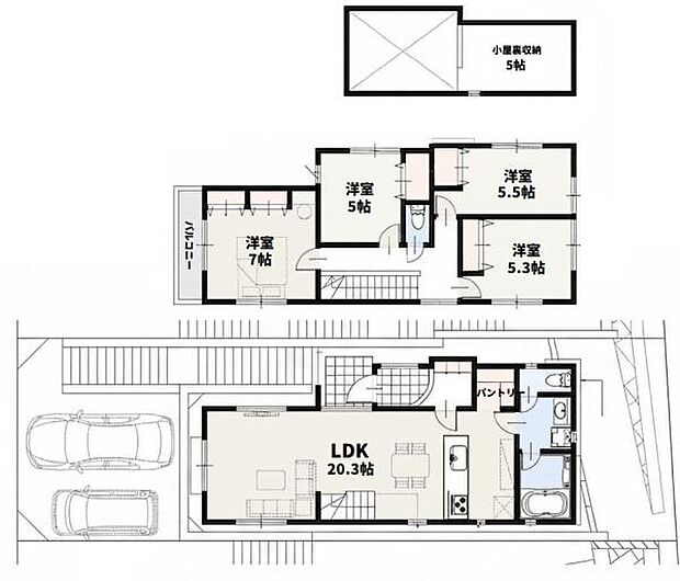【建物プラン例】建物基本金額2180万円（税込・100平米まで、建物増床1平米あたり24万円（税込））・延床面積136.15平米。別途表示登記費用、水道加入金要。