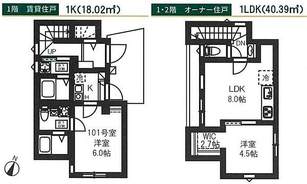 賃貸部分18.01平米、オーナー住戸40.39平米～2階オーナー住戸には季節の衣類や日用品をまとめて収納できる2.7帖のWIC付で、住空間をスッキリ広く使えます。