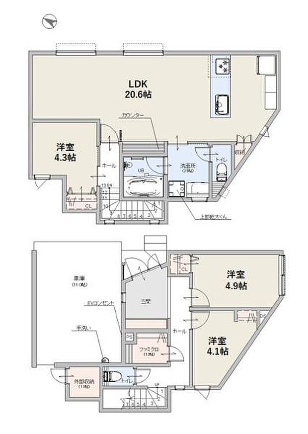 2Fに広々LDKを配置し、眺望と採光を最大限に活かした間取り設計。ワークカウンターや室内物干しも組み込み、日々の家事と仕事を効率よくこなせる実用性の高い住まいです。
