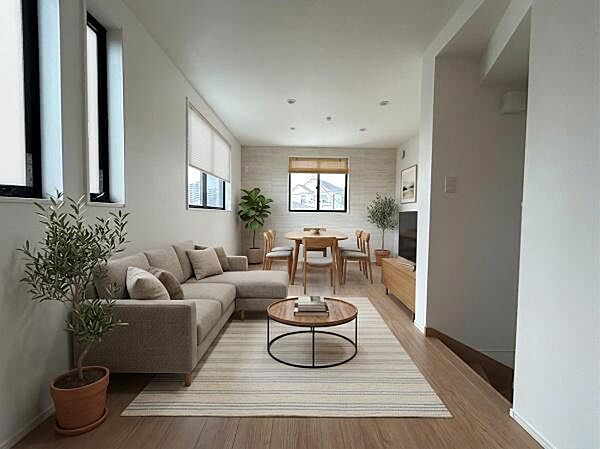 天井に埋め込まれたシンプルなダウンライトが、お部屋全体をシンプルで洗練された印象に仕上げ、家具の配置やレイアウトの自由度を高めています。（家具・調度品はAI生成となります。）