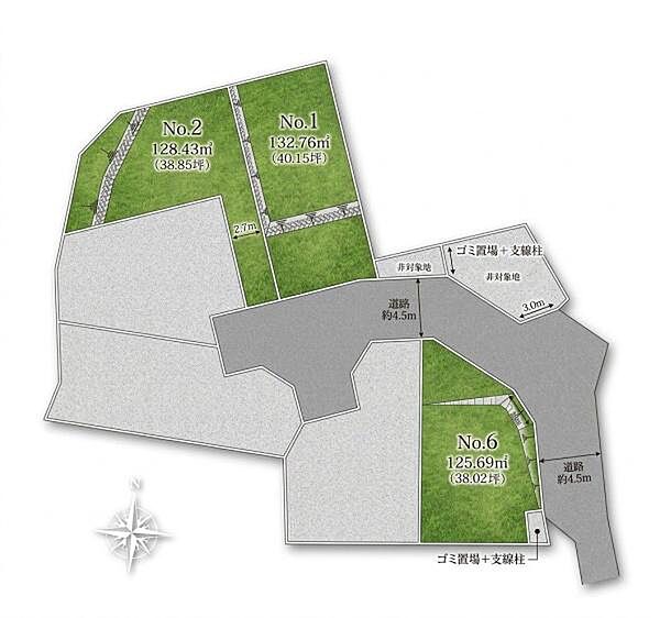 全体区画図～バス便にて複数路線利用可能な立地。低層住宅が建ち並ぶ穏やかな住環境です。