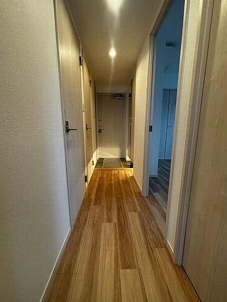 木目調のフロアとすっきりとした建具が統一感を演出し、住まう方を心地よく迎えてくれる洗練されたアプローチです。