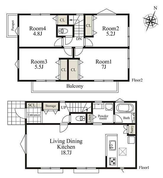 参考間取り～建物価格1370万円、建物面積95平米。玄関のシューズクロークやホール収納、各居室のクローゼットなど、住まいの隅々に収納を配置し、お部屋をいつでもすっきりと保てます。