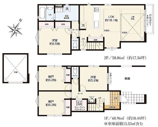 2階に位置するLDKは約18.1帖の広さを確保しており、上部吹抜けを設けることでより一層の開放感と明るい光が差し込む空間を実現しています。2階に水廻りを集約した家事動線良好な間取りです。