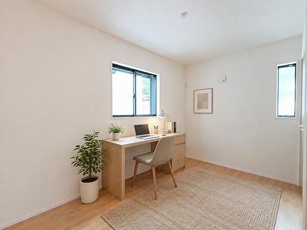 白を基調としたクロスと温もりある木目調のフローリングが、お部屋全体をより広く、明るく見せてくれます。どんなインテリアも映えるシンプルなデザインです。（家具・調度品はAI生成となります。）