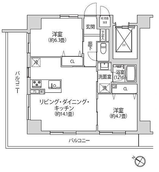 新規リフォーム済（令和8年5月）。バルコニーに大きく面した開放的な間取りが魅力。約14.1帖のリビング・ダイニング・キッチンは、角部屋ならではの複数面の採光により、明るく爽やかな空間を実現しています。