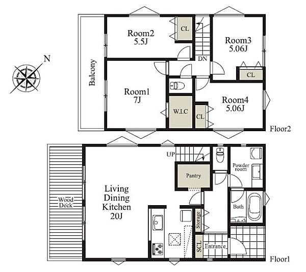 参考間取り～建物価格3150万円、建物面積101.64平米。家族団らんのLDKは広々20帖～リビングから繋がるウッドデッキ完備。暮らしやすい2階建×4LDKの間取りプラン。