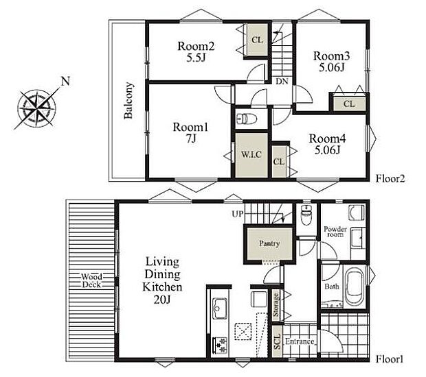 参考間取り～建物価格3150万円、建物面積101.64平米。家族団らんのLDKは広々20帖～リビングから繋がるウッドデッキ完備。暮らしやすい2階建×4LDKの間取りプラン。