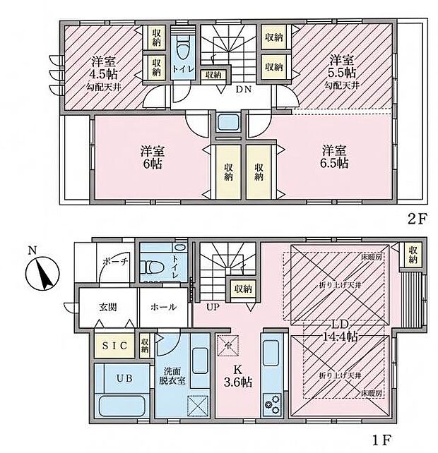 約14.4帖のLDKには、上部に広がりを感じさせる「折り上げ天井」と足元から温まる「床暖房」を採用し、家族が自然と集まる居心地の良い空間を演出しています。