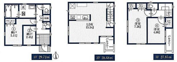 2階にLDK、1階に水回りと納戸を配置することで、プライベートと生活パブリック空間をしっかり分けた快適な動線を実現しています。