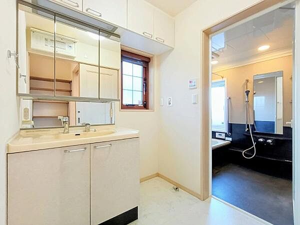ミラー裏にたっぷりと収納スペースを確保した三面鏡を採用。ヘアケア用品や洗面用具などをすっきりと隠して収納でき、洗面台周りをいつも美しく保てます。