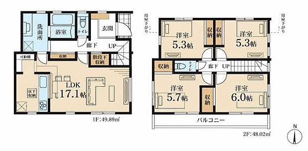 2階には洋室を4部屋独立して配置。ご家族一人ひとりに自分だけのプライベート空間が行き渡る、ゆとりの間取り設計です。
