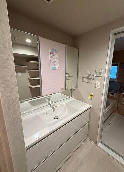 身支度やヘアメイクがスムーズに行えるワイドな三面鏡を採用し、ミラー裏や足元にはたっぷりと収納スペースを確保しています。