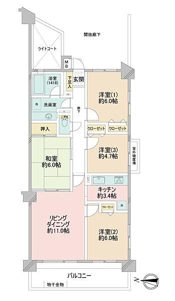 独立性を高めた開放廊下＆角住戸設計。リビングの隣には約6.0帖の和室が隣接しており、客間としてはもちろん、小さなお子様のお昼寝スペースや家事コーナーとしても柔軟に活用できます。