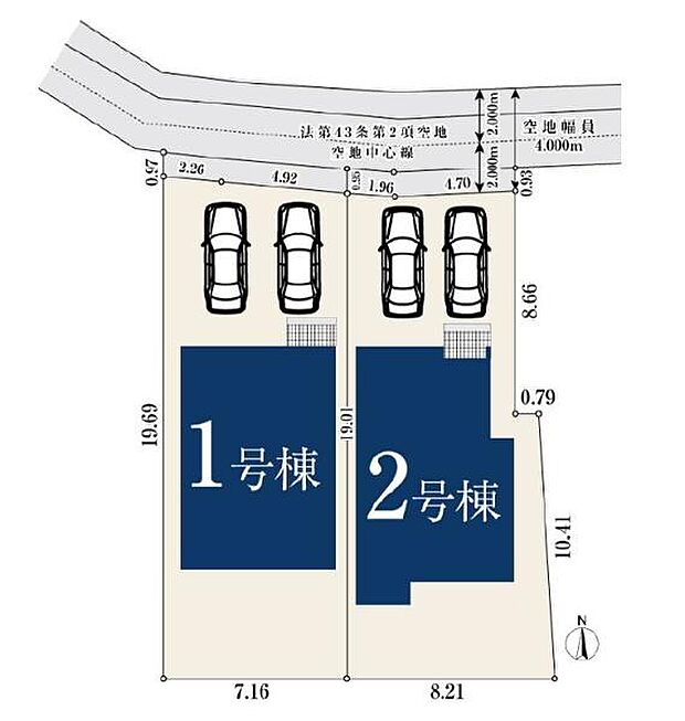 全体区画図~駐車並列2台可能(車種による)、セカンドカーやゲストを招いた際の駐車スペースとしても便利です。