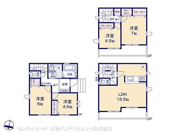 各階に洋室が配置されており用途に応じた使い分けが可能です。広々としたLDK16.5帖が魅力的でゆとりある生活空間が確保されています。全室に収納スペースが備わっており整理整頓にも便利です。