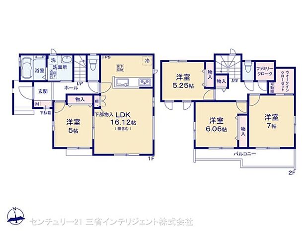全居室に収納スペースがありすっきりとした空間を維持しやすい間取りです。リビングは16.12帖と広々としており開放感があります。2階にはバルコニーがあり日当たりや風通しに配慮されています。