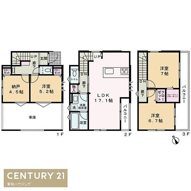 3階建て4ＬＤＫ新築住宅　車庫部分を除く住宅部分101.49平米