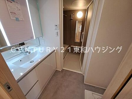 毎日の身だしなみチェックに欠かせない洗面所は、清潔感の溢れる上品なデザイン。機能性に富んだ三面鏡が採用され収納もたっぷり付いています!