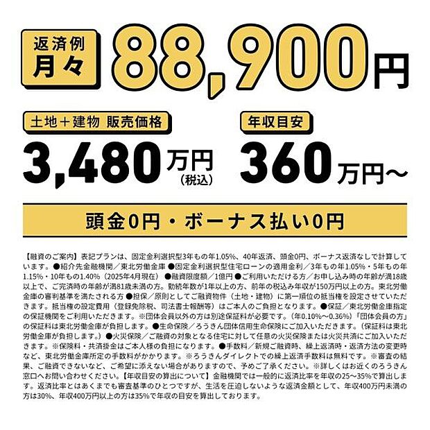 月々のお支払金額の目安はこちらです。頭金0円・ボーナス払い0円!