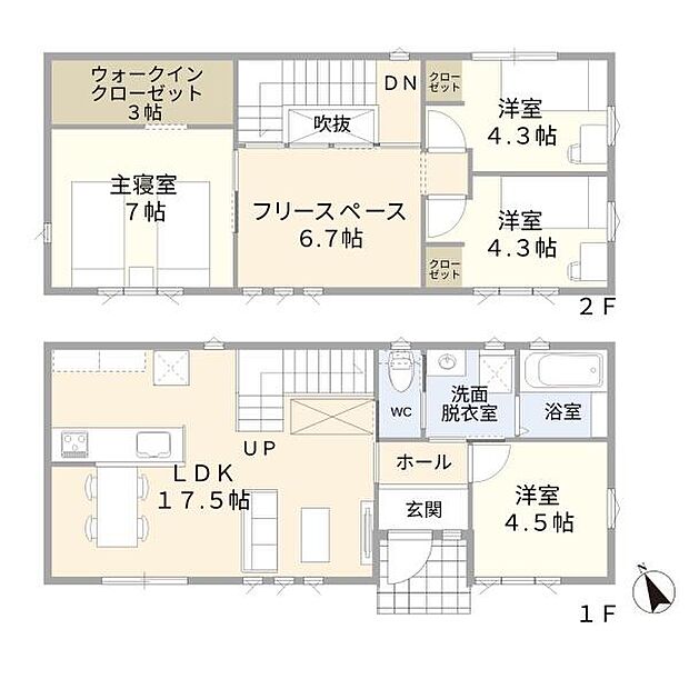 ご要望の多い4LDKタイプの間取りです。1Fの洋室は、家事室にも来客にも使える「あると便利」なお部屋です♪